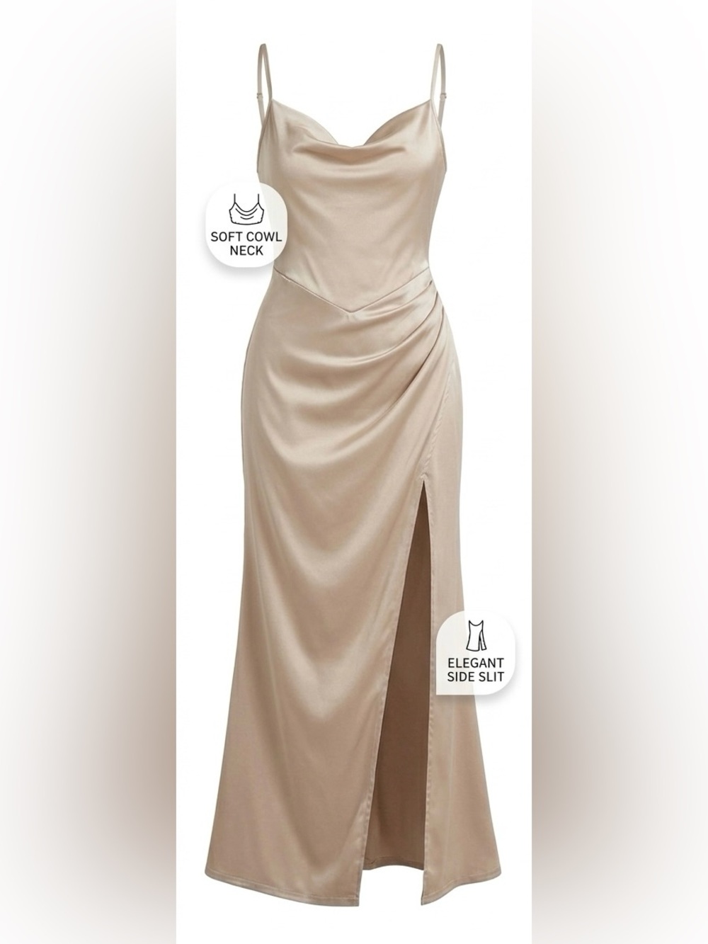 SHEIN Champagne Satin Cowl Neck Maxi Dress - Corset Waist & High Slit